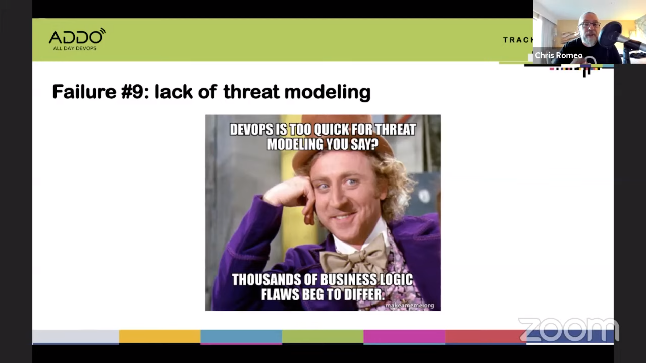 Chris Romeo shows the condescending Wonka meme with the text “DevOps is too quick for threat modeling you say? … Thousands of business logic flaws beg to differ