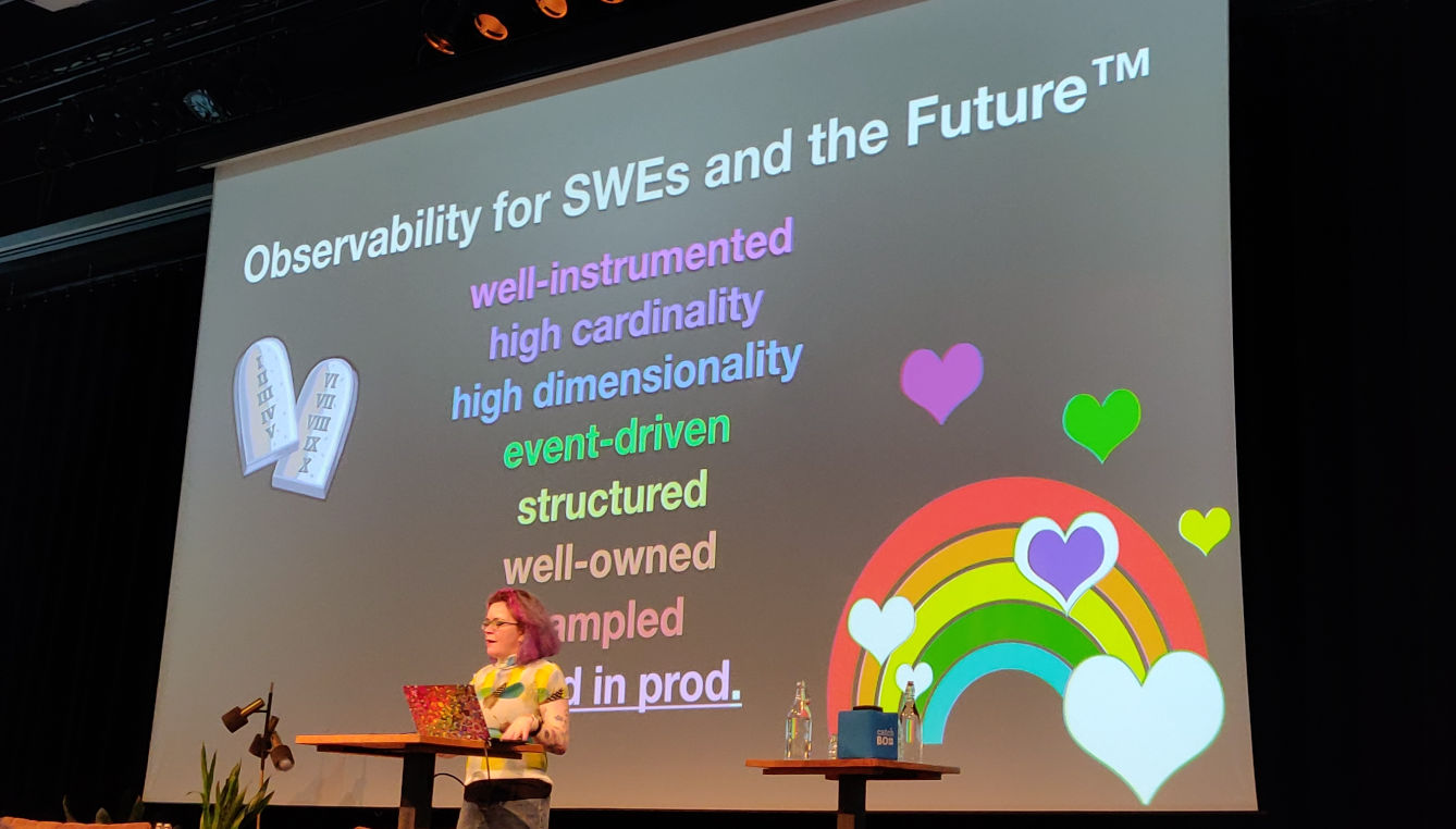 Charity Majors listing the important elements for observability