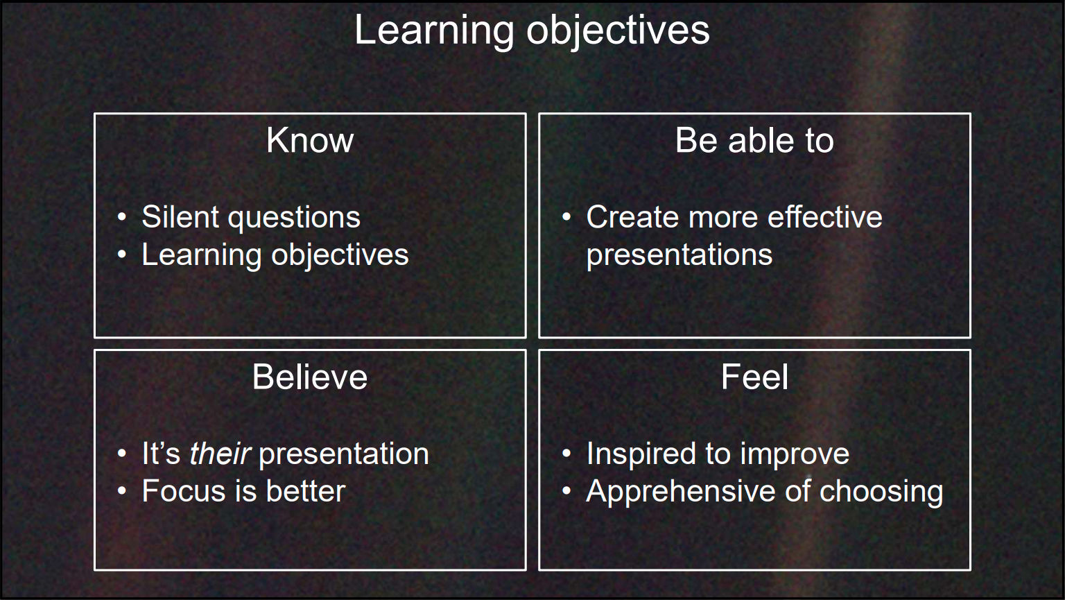 Learning objectives of this talk