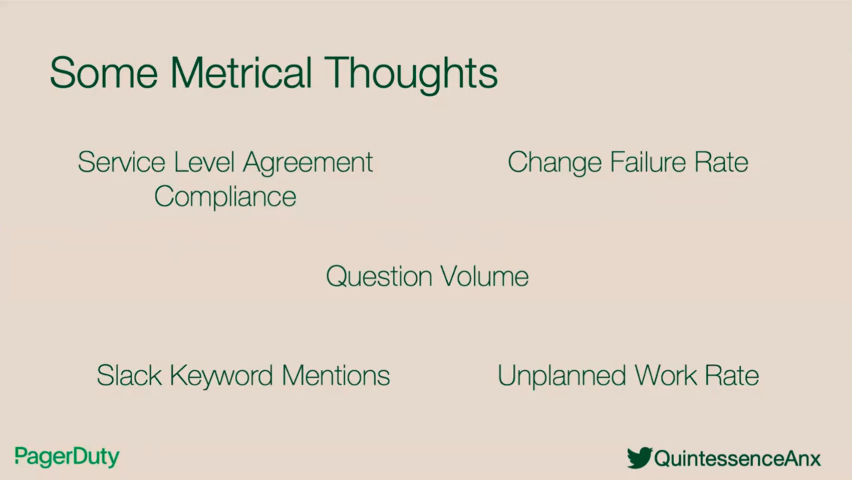 Some example metrics to track: SLA compliance, question volume, change failure rate, unplanned work rate