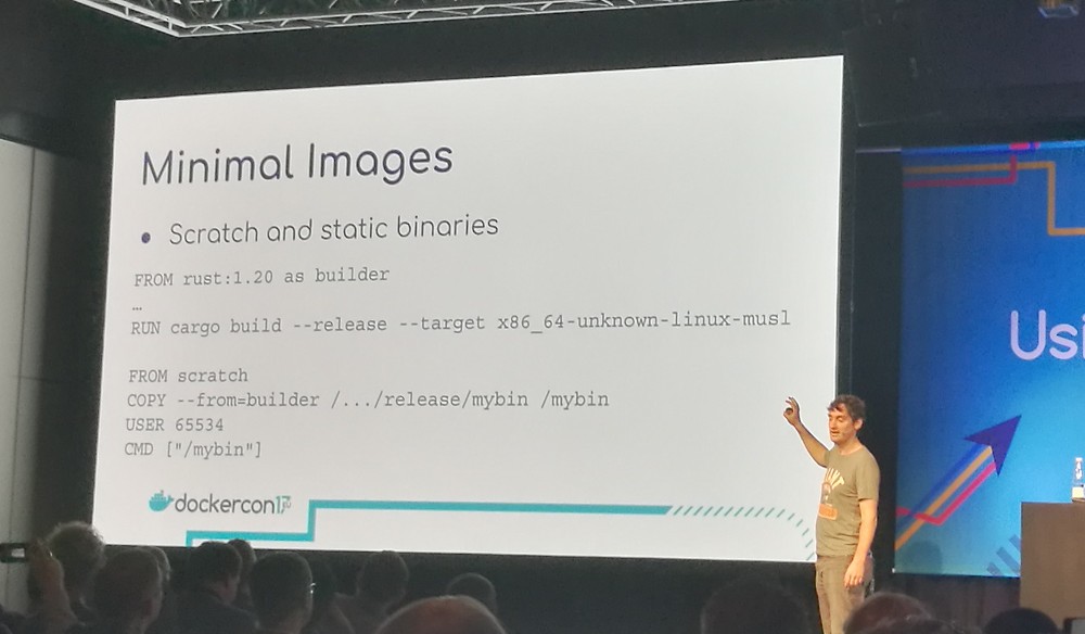 Adrian Mouat showing a minimal image Dockerfile