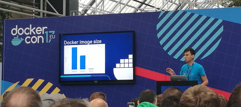 Natanael Copa comparing the sizes of CentOS, Ubuntu and Alpine Linux Docker images