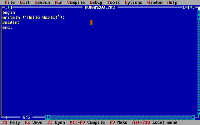 Turbo Pascal Hello World example