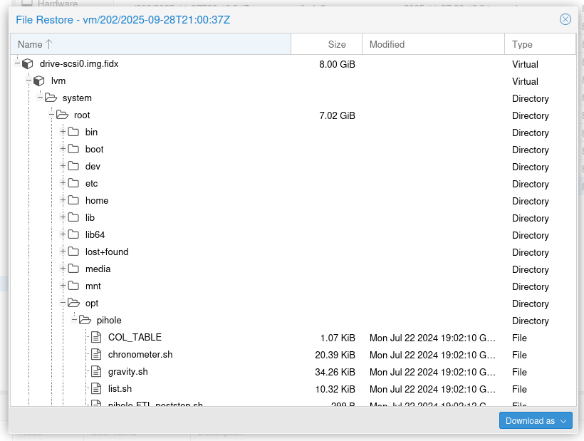 Screenshot of Proxmox VE window where one can select the file to restore from a backup