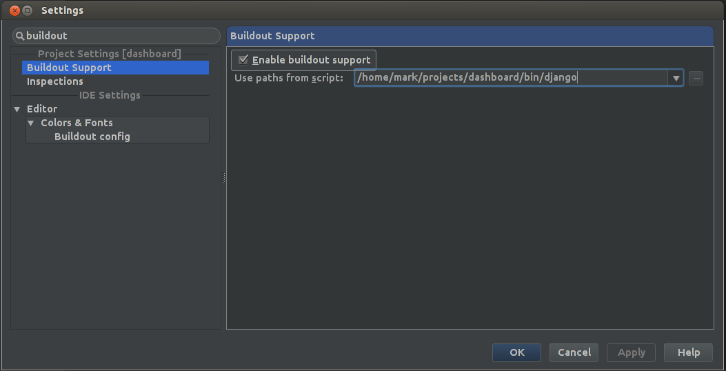 PyCharm Buildout settings