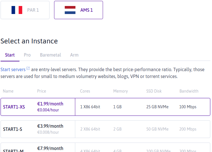 Scaleway start servers overview (Amsterdam)