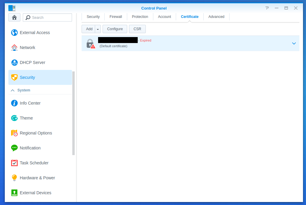 The Synology NAS control panel still shows an expiredcertificate